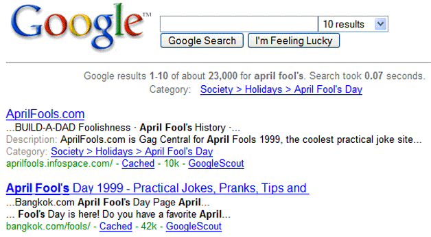 una SERP di Google nel 1999, con soli risultati organici e niente ADS